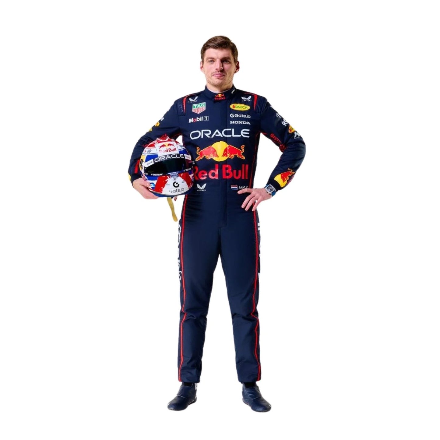 Person wearing a Red Bull racing suit holding a helmet on a white background