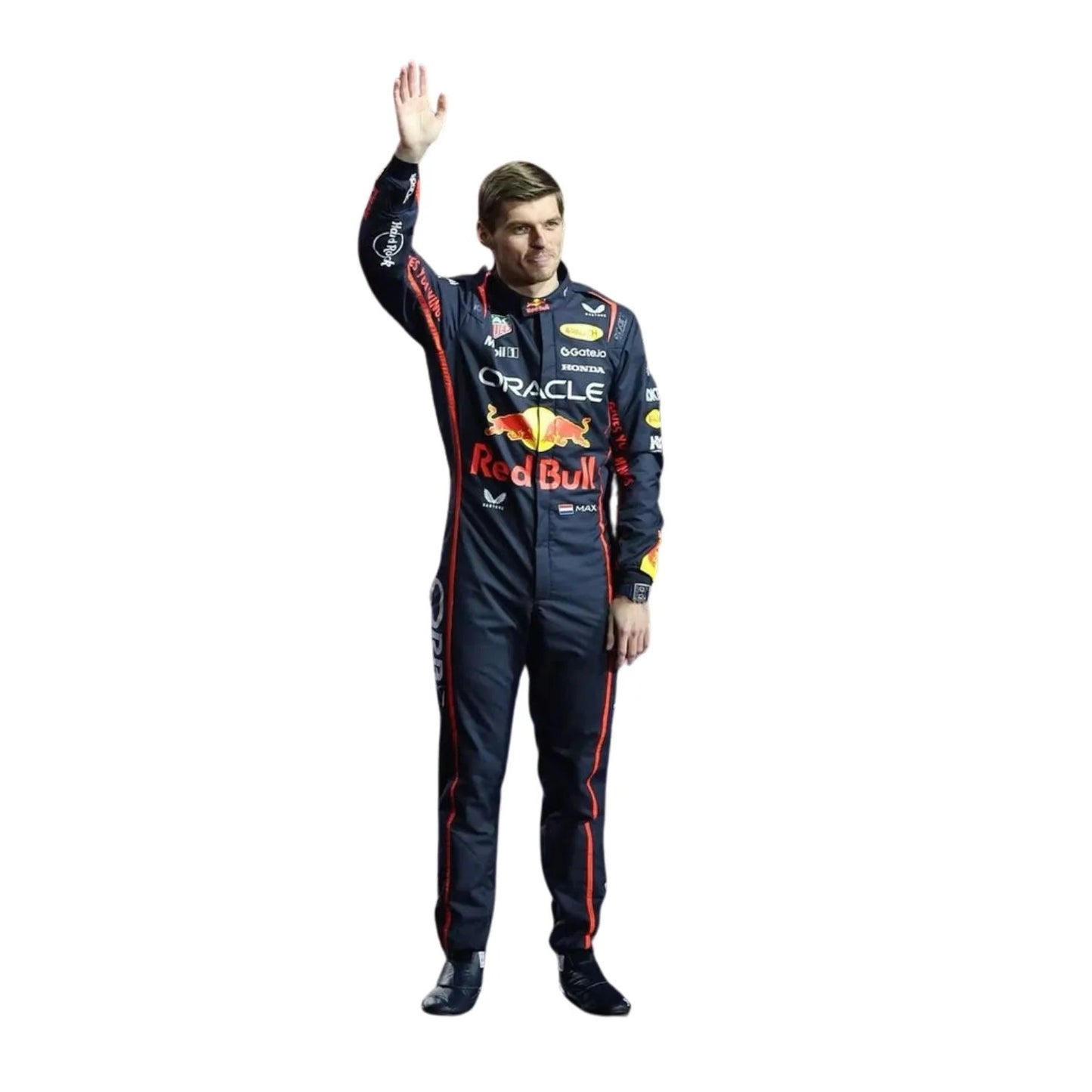 Person wearing a Red Bull racing suit waving on a white background