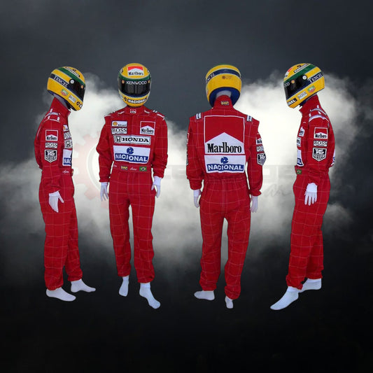 Four Formula One drivers in red suits with various sponsor logos on a dark background.